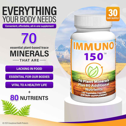 Immuno150 Immune Support Supplement, 150 Vegetable Capsules - Immunity Boost Packed with 70 Trace Minerals, 13 Essential Vitamins, Antioxidants, Herbs &amp; Amino Acids - Immune System Booster for Adults