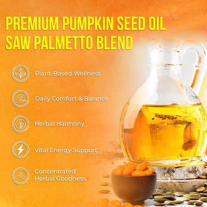 Premium Pumpkin Seed Oil Softgels with Saw Palmetto, 3000mg Per Serving, Cold Pressed, Pure Virgin Oil, Great Hair Support, Non-GMO, Gluten-Free, Vegan by FreshDrinkUS - Natural and Premium Herbal Tea