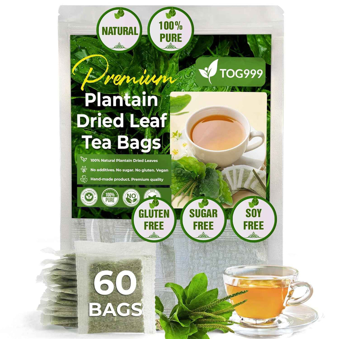 Plantain Leaf Tea Bags, 100% Natural &amp; Pure Plantain Leaves. Loose Leaf Plantain Herbal Tea. Plantain Leaf Tea. No Sugar, No Caffeine, No Gluten, Vegan.