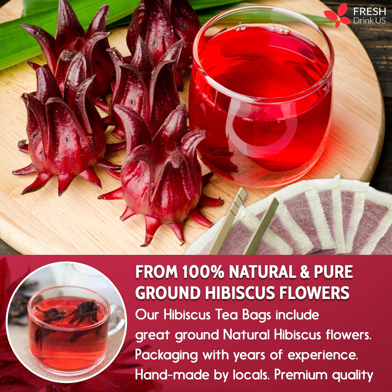 Hibiscus Dried Flowers, Tea Bags, 100% Natural, Pure from Hibiscus Flowers. Loose Flower Hibiscus Herbal Tea. Hibiscus Flower Tea. No Sugar, No Caffeine, No Gluten, Vegan. by FreshDrinkUS - Natural and Premium Herbal Tea