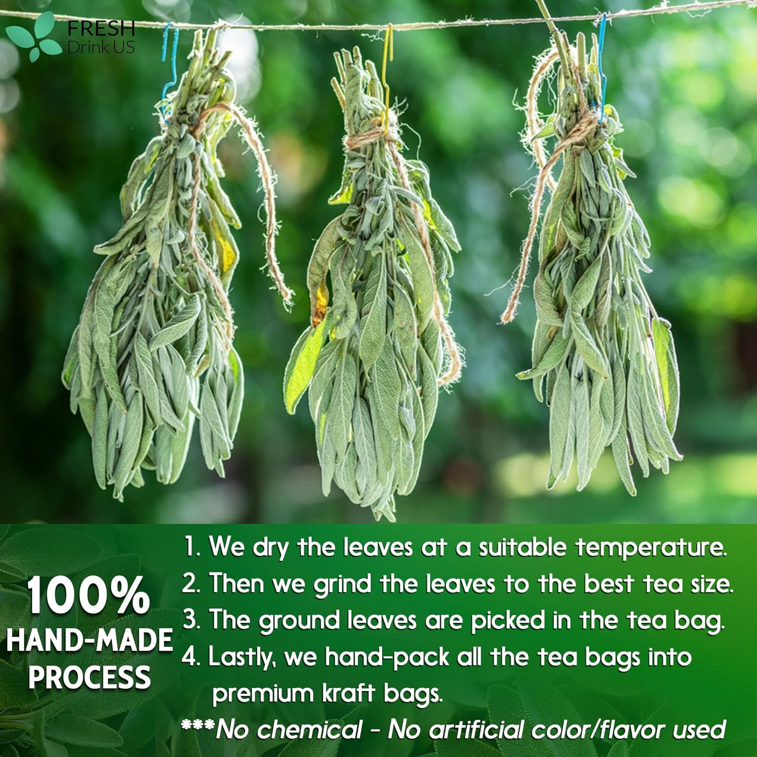 Sage Leaf Tea Bags, 100% Natural &amp; Pure from Sage Leaves. Loose Leaf Sage Herbal Tea. Sage Leaf Tea. Made with Natural Material Tea Bags. No Sugar, No Caffeine, No Gluten, Vegan. by FreshDrinkUS - Natural and Premium Herbal Tea