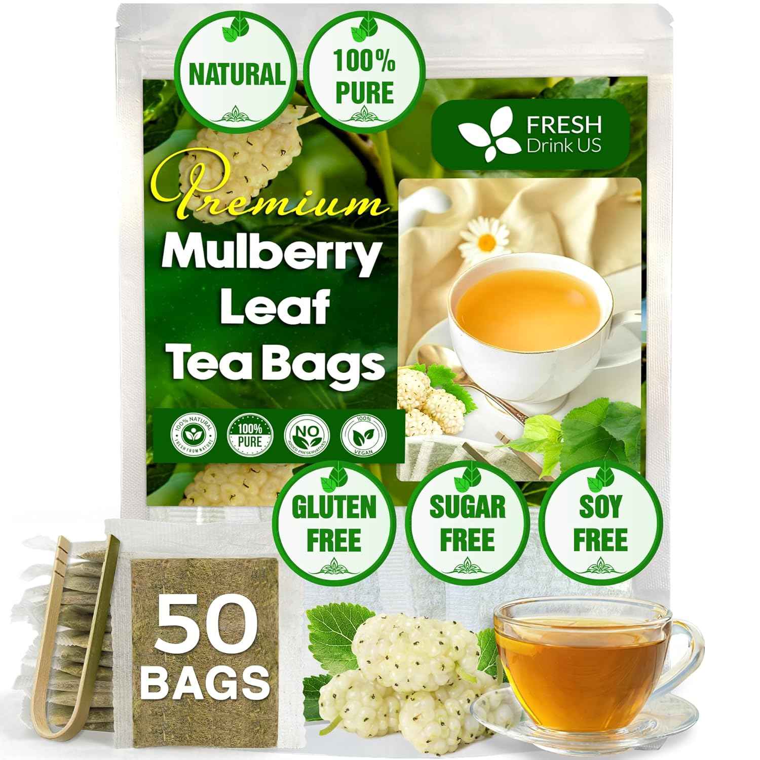 Premium Mulberry Leaf Tea Bags. No Sugar, No Caffeine, No Gluten, Vegan.