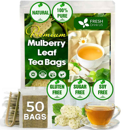 Premium Mulberry Leaf Tea Bags. No Sugar, No Caffeine, No Gluten, Vegan.