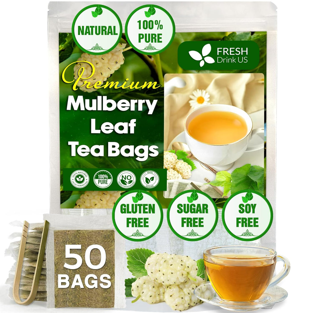 Premium Mulberry Leaf Tea Bags. No Sugar, No Caffeine, No Gluten, Vegan. by FreshDrinkUS - Natural and Premium Herbal Tea