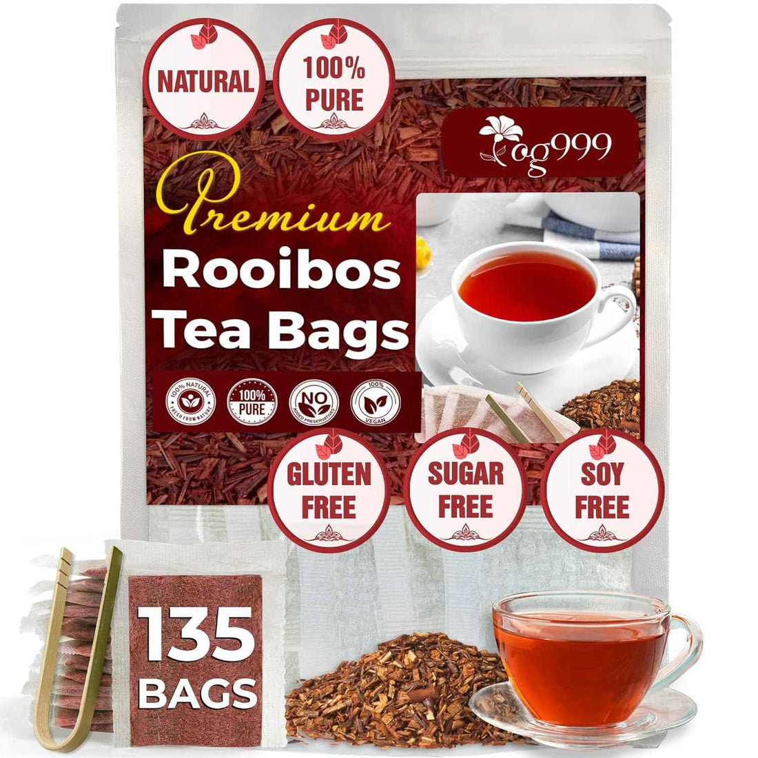 Premium Red Rooibos Tea Bags, 100% Natural &amp; Pure from Rooibos Tea Leaves. Loose Leaf Rooibos Herbal Tea. Made with Natural Material Tea Bags. No Sugar, No Caffeine, No Gluten, Vegan.