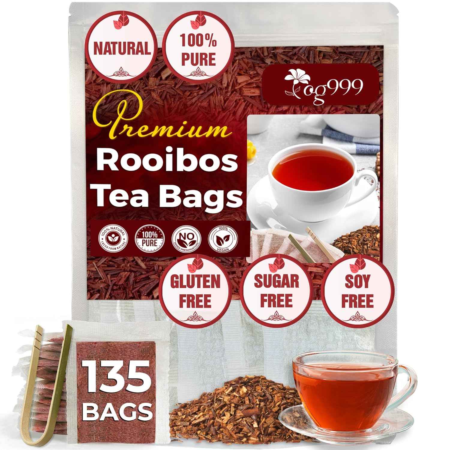 Premium Red Rooibos Tea Bags, 100% Natural &amp; Pure from Rooibos Tea Leaves. Loose Leaf Rooibos Herbal Tea. Made with Natural Material Tea Bags. No Sugar, No Caffeine, No Gluten, Vegan.