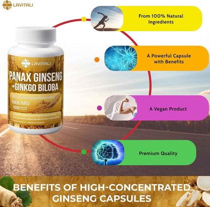 Ginseng &amp; Ginkgo Biloba Veggie Capsules, Non-GMO, Vegan, Gluten Free, Dairy Free