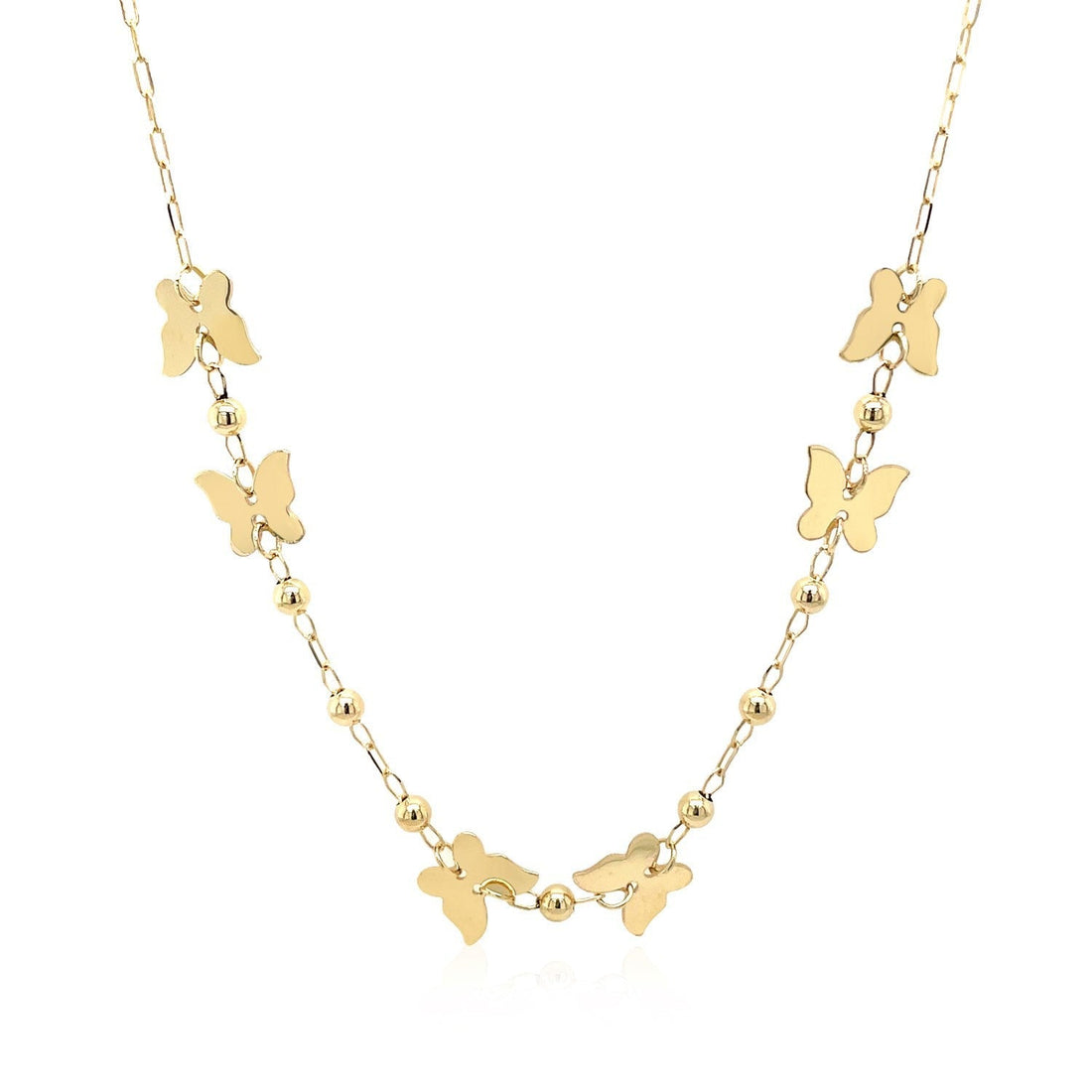14k Yellow Gold 18 inch Necklace with Polished Butterflies and Beads  DestGlow