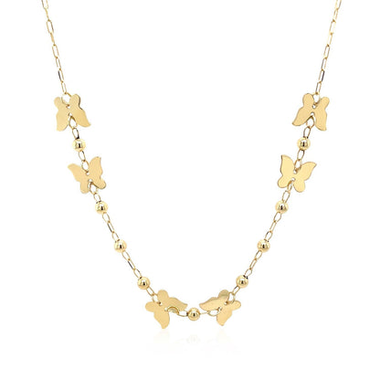 14k Yellow Gold 18 inch Necklace with Polished Butterflies and Beads  DestGlow