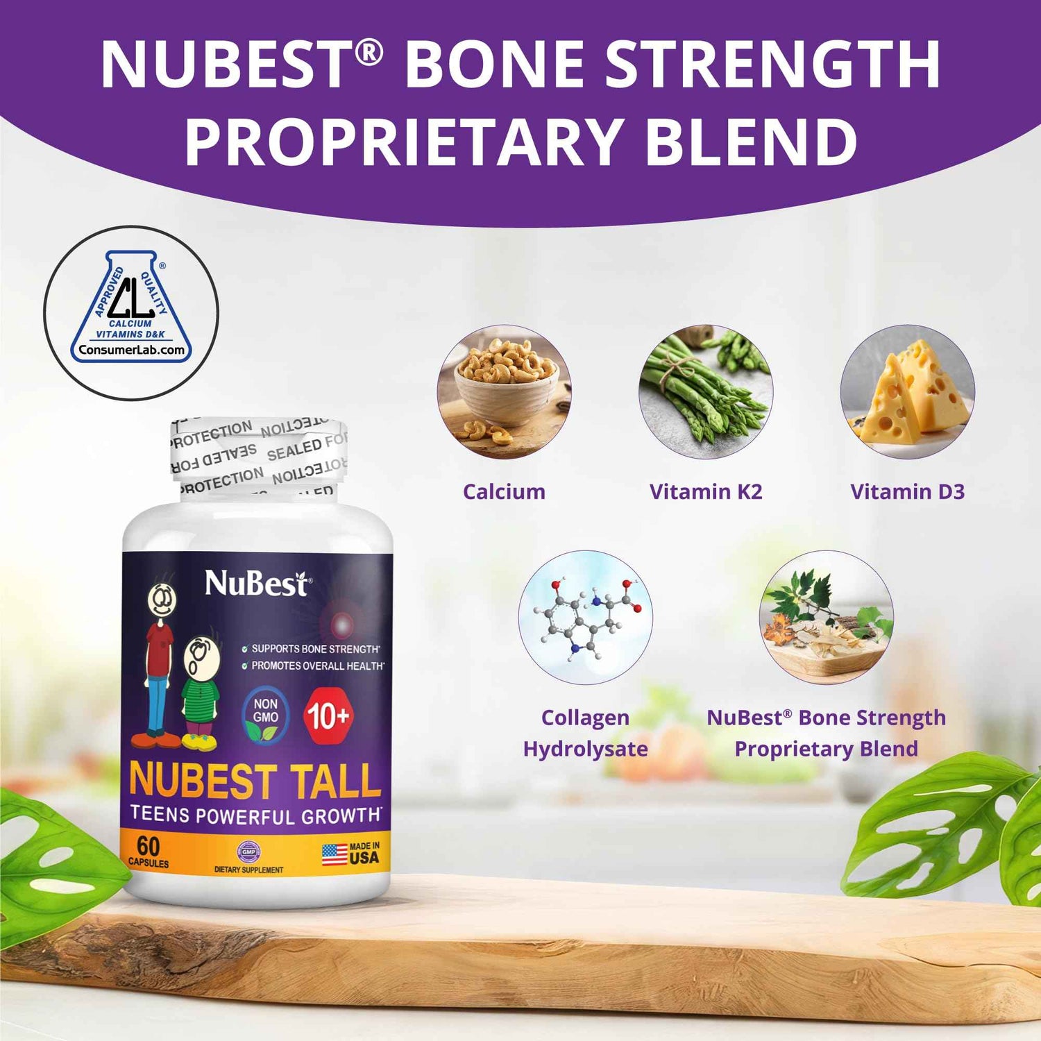NuBest Tall 10+ Premium Bone Strength Formula, Enhanced Immunity and Overall Health for Age 10+ - Who Drink Milk Daily with Calcium, Vitamin D3, Vitamin K2, and Multivitamins - 60 Capsules