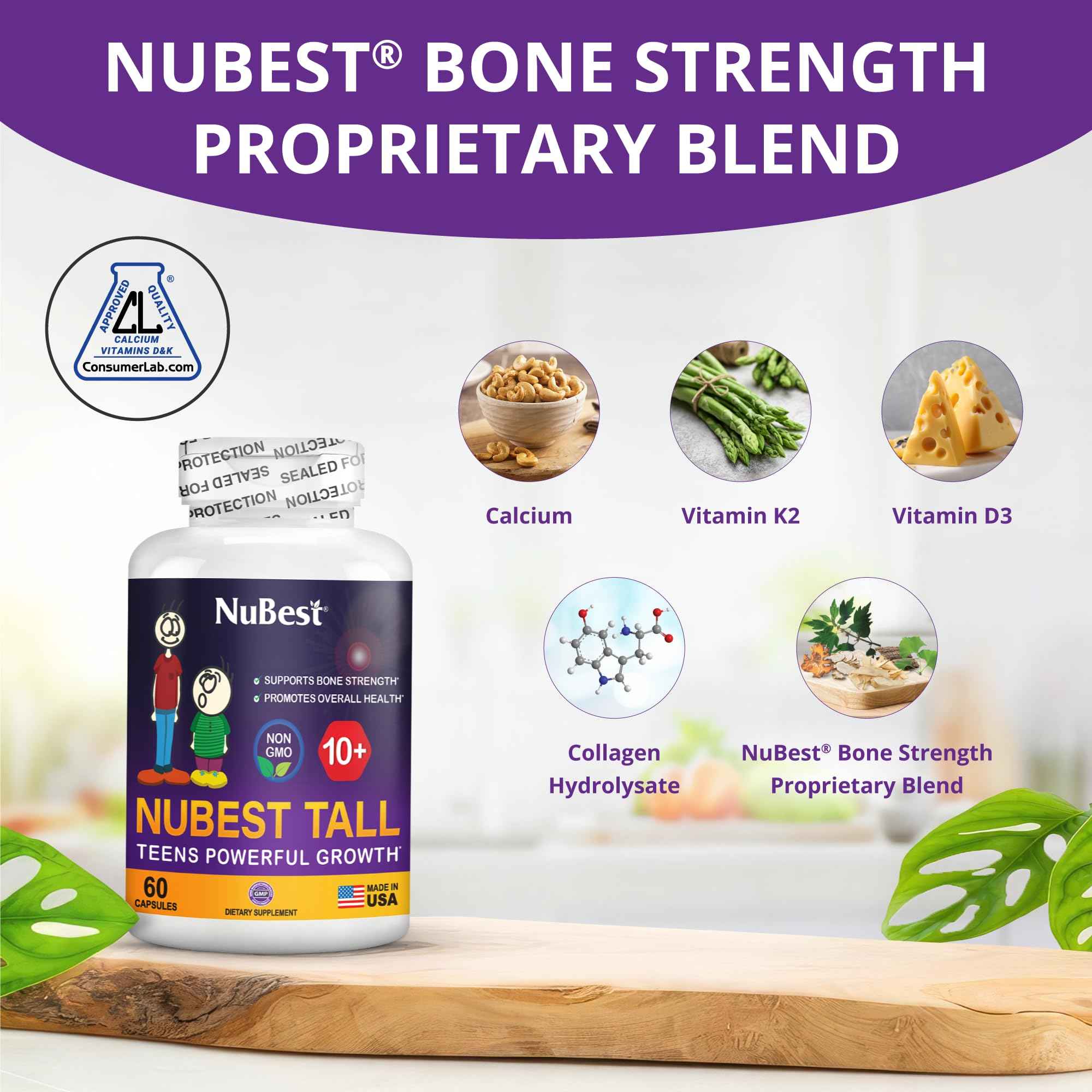 NuBest Tall 10+ Premium Bone Strength Formula, Enhanced Immunity and Overall Health for Age 10+ - Who Drink Milk Daily with Calcium, Vitamin D3, Vitamin K2, and Multivitamins - 60 Capsules