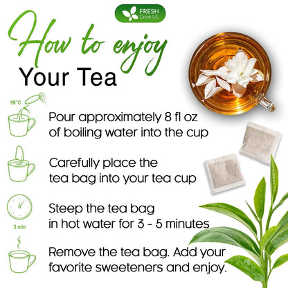 Premium Jasmine Green Tea Bags. Jasmine Green Herbal Tea. Made with Natural Material Tea Bags. No Sugar, No Gluten, Vegan.