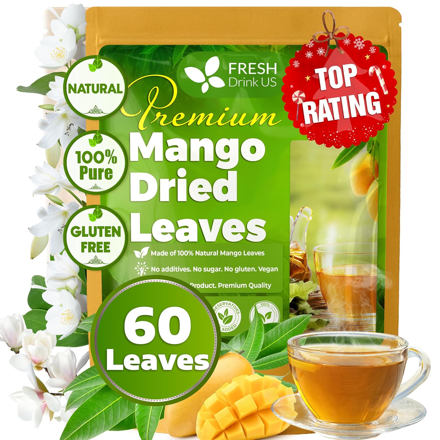 Mango Leaf, Whole Dried Leaves, Tea Bags, Powder, 100% Natural &amp; Pure from Mango Leaves. Mango Dried Leaves. Loose Leaf Mango Herbal Tea. Mango Leaf Tea. No Sugar, No Caffeine, No Gluten, Vegan. by FreshDrinkUS - Natural and Premium Herbal Tea