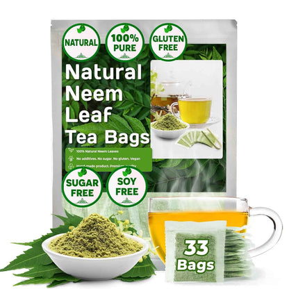 Neem Leaf Tea Bags, 100% Natural and Pure from Neem Leaves. Loose Leaf Neem Herbal Tea. Neem Leaf Tea. No Sugar, No Caffeine, No Gluten, Vegan.