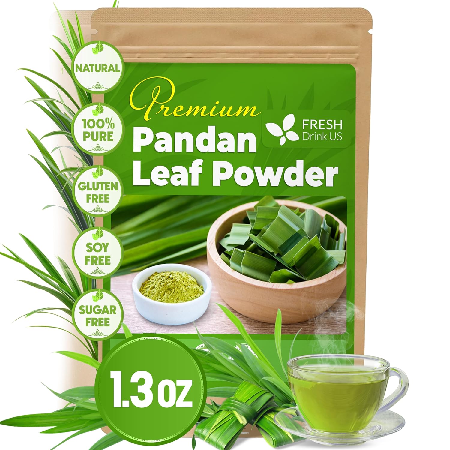 Natural Pandan Leaves Dried, Pandan Leaf Powder, 100% Pure Dried Pandan Leaves, Pandan Leaf Tea, No Additives, No Caffeine, Vegan by FreshDrinkUS - Natural and Premium Herbal Tea