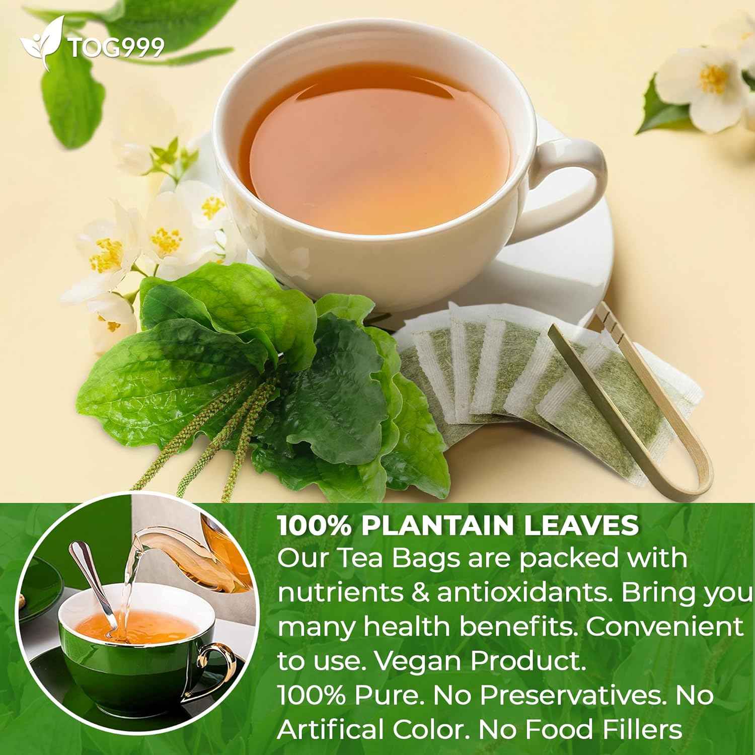 Plantain Leaf Tea Bags, 100% Natural &amp; Pure Plantain Leaves. Loose Leaf Plantain Herbal Tea. Plantain Leaf Tea. No Sugar, No Caffeine, No Gluten, Vegan.