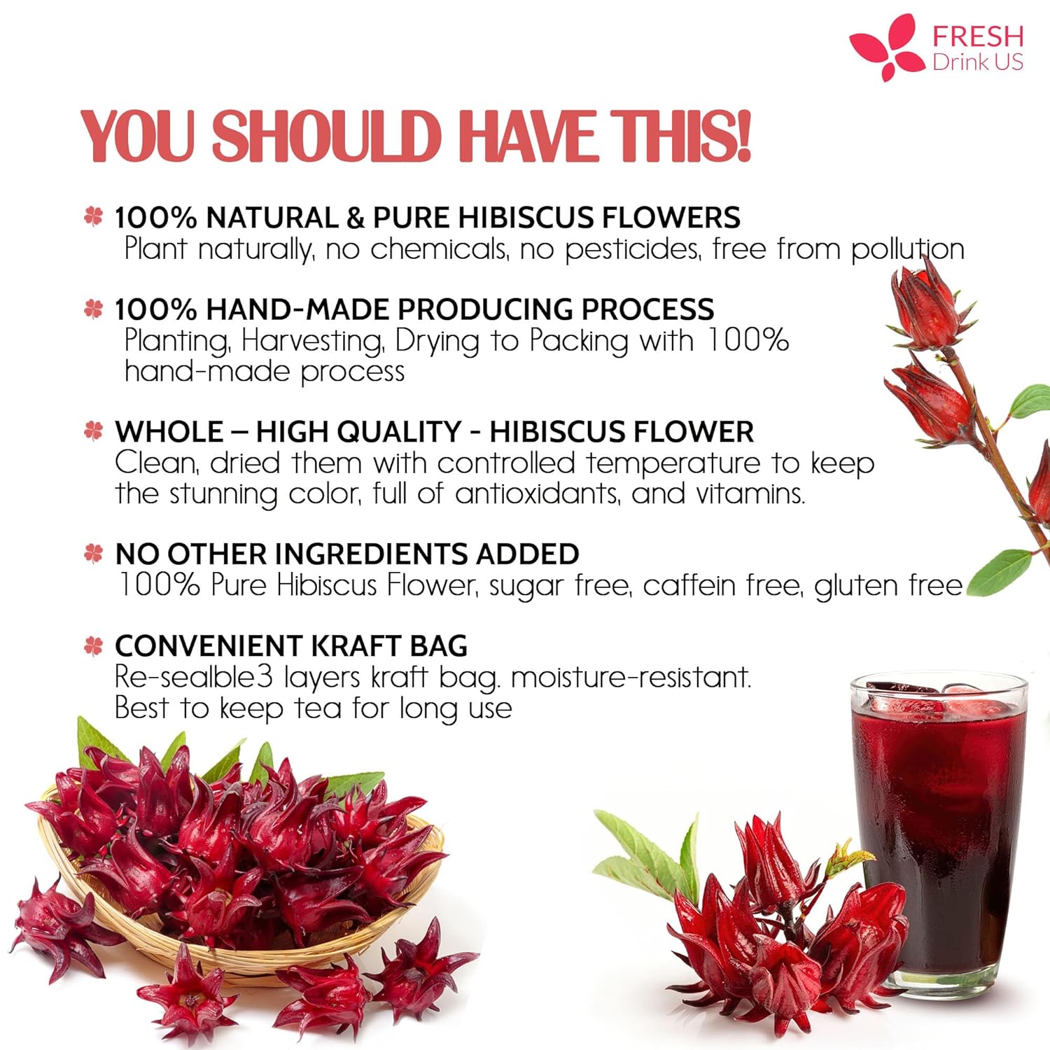 Hibiscus Dried Flowers, Tea Bags, 100% Natural, Pure from Hibiscus Flowers. Loose Flower Hibiscus Herbal Tea. Hibiscus Flower Tea. No Sugar, No Caffeine, No Gluten, Vegan. by FreshDrinkUS - Natural and Premium Herbal Tea