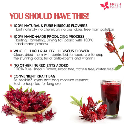 Hibiscus Dried Flowers, Tea Bags, 100% Natural, Pure from Hibiscus Flowers. Loose Flower Hibiscus Herbal Tea. Hibiscus Flower Tea. No Sugar, No Caffeine, No Gluten, Vegan. by FreshDrinkUS - Natural and Premium Herbal Tea