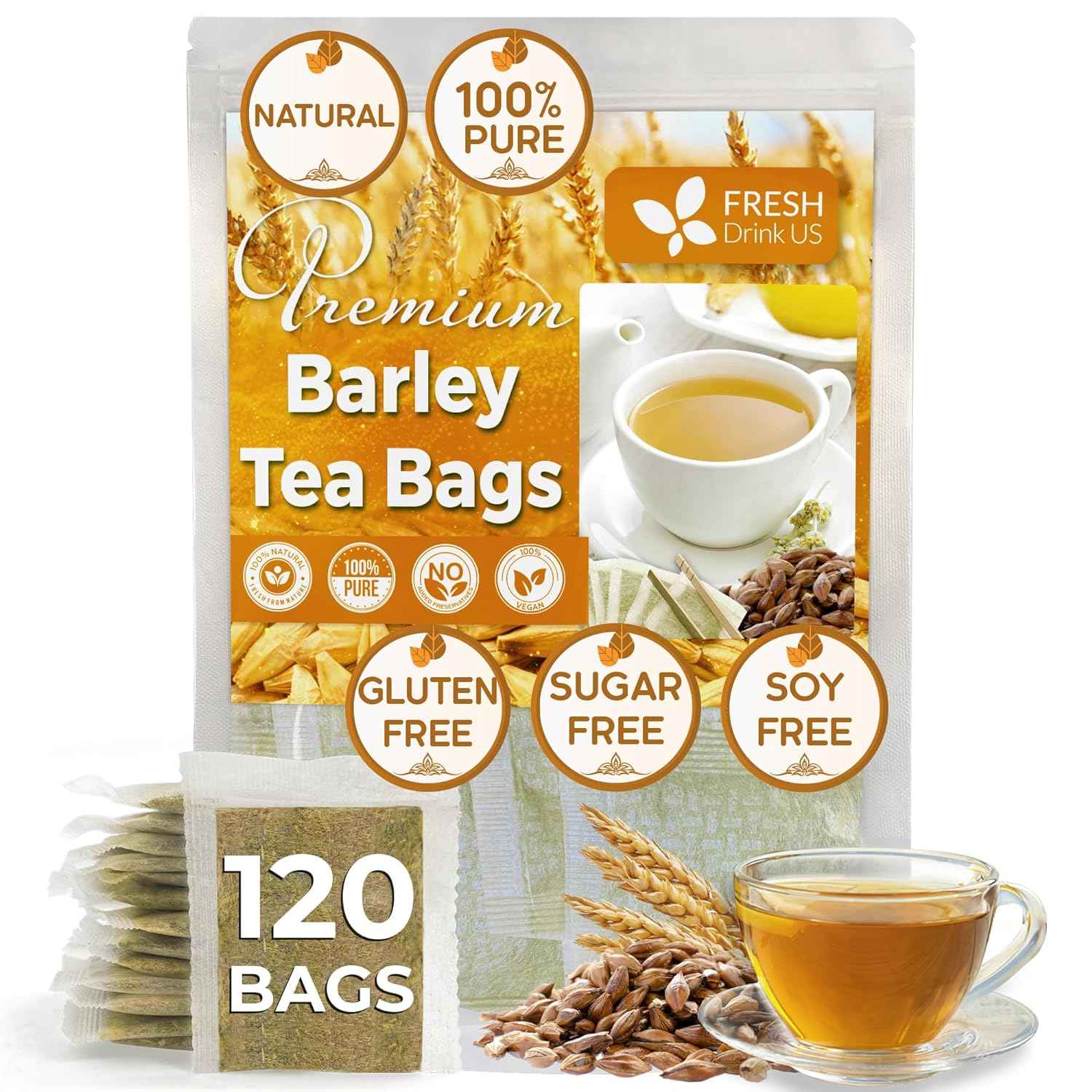 Premium Barley Tea Bags, 100% Natural &amp; Pure from Barley. Loose Barey Herbal Tea. No Sugar, No Caffeine, No Gluten, Vegan.