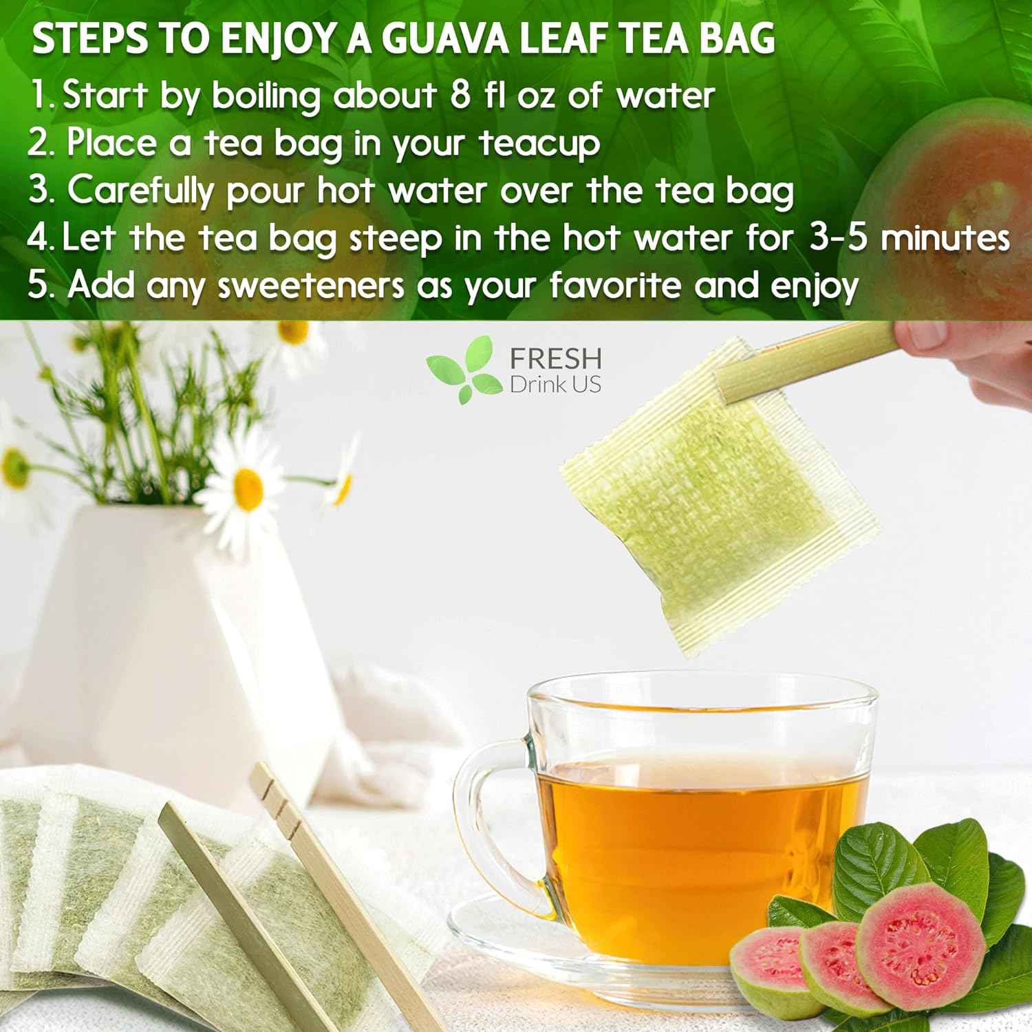 Natural Guava Leaves, Whole Dried Leaves, Cut-and-Sifted Guava leaves, 100% Pure from Guava Leaves, Natural Guava Loose Leaf Herbal Tea, No Additives, No Caffeine, Vegan