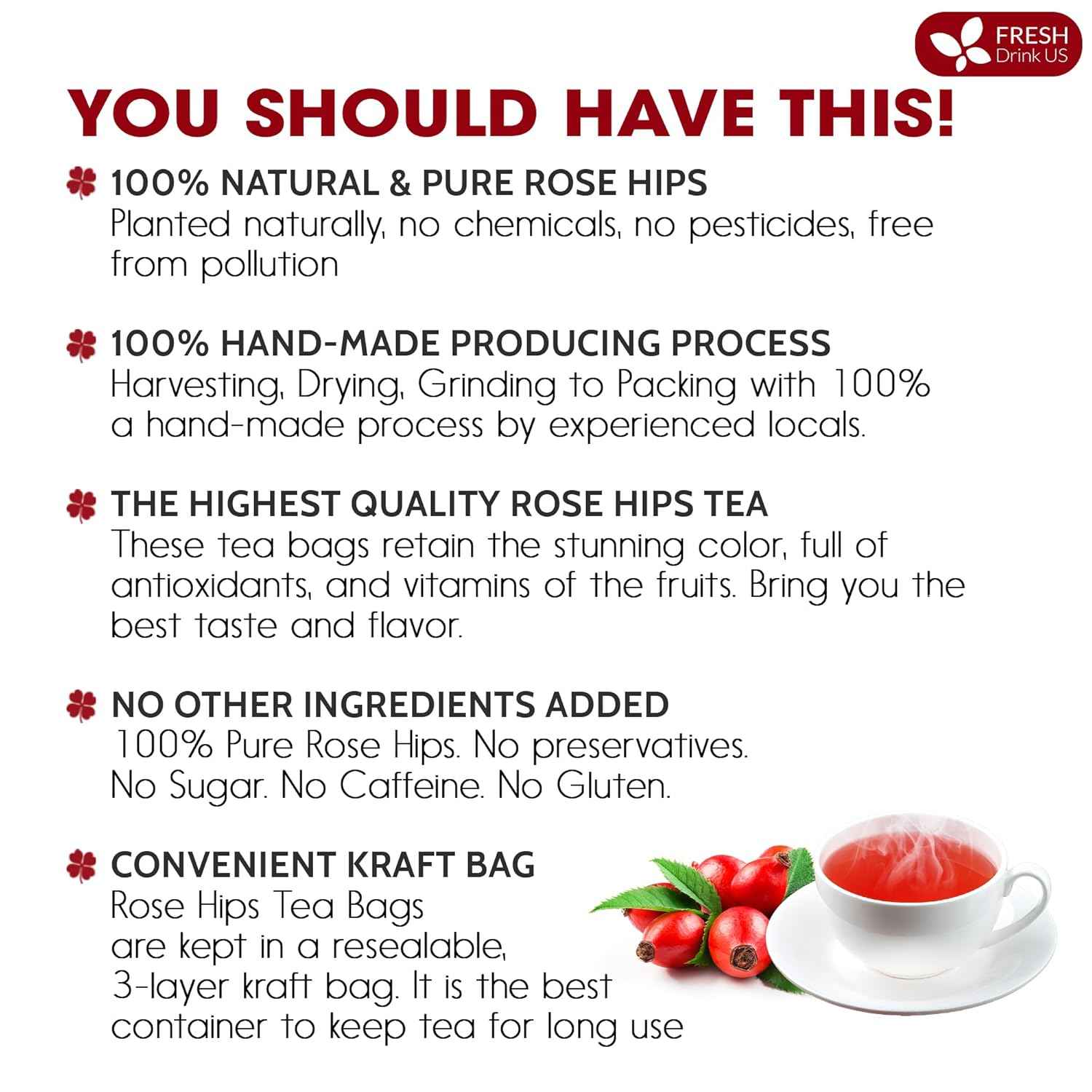 Premium Rosehip Tea Bags, 100% Natural &amp; Pure from Rose Hip Fruits.