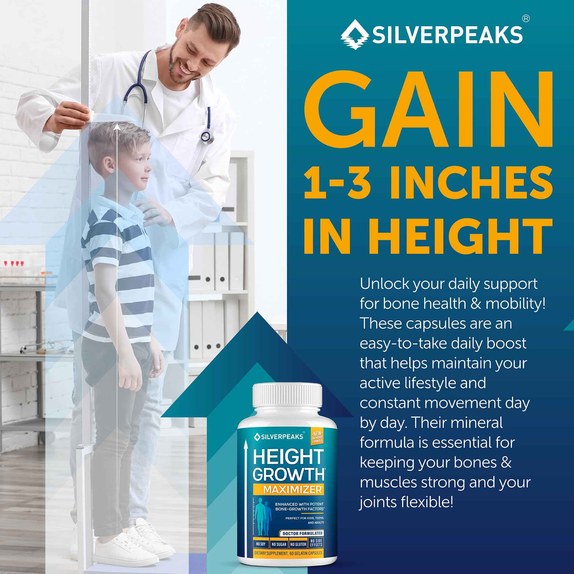 SILVERPEAKS Growth Capsules to Grow Taller - Height Growth Maximizer with Calcium for Bone Strength - Made in USA - Natural Get Taller Supplement - Free of Growth Hormone