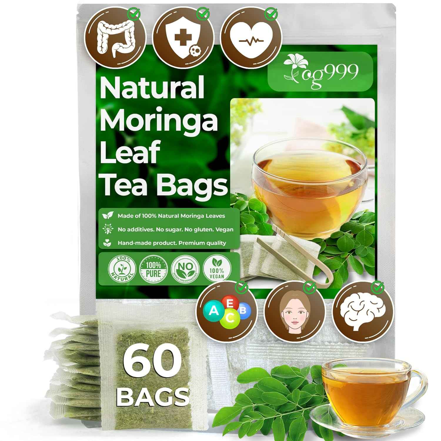 Moringa Leaf Tea Bags, 100% Natural &amp; Pure from Moringa Leaves. Loose Leaf Moringa Herbal Tea. Moringa Leaf Tea. No Sugar, No Caffeine, No Gluten, Vegan