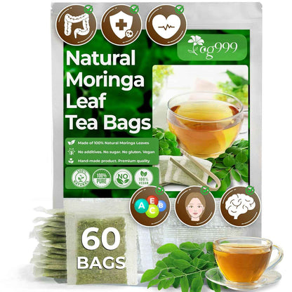 Moringa Leaf Tea Bags, 100% Natural &amp; Pure from Moringa Leaves. Loose Leaf Moringa Herbal Tea. Moringa Leaf Tea. No Sugar, No Caffeine, No Gluten, Vegan