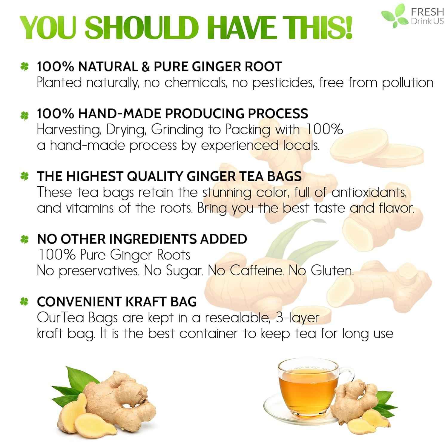 Premium Ginger Tea Bags, 100% Natural &amp; Pure from Ginger Roots, Ginger Tea, Ginger Herbal Tea. Ginger Tea. No Sugar, No Caffeine, No Gluten, Vegan.