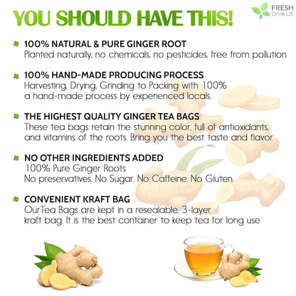 Premium Ginger Tea Bags, 100% Natural &amp; Pure from Ginger Roots, Ginger Tea, Ginger Herbal Tea. Ginger Tea. No Sugar, No Caffeine, No Gluten, Vegan.