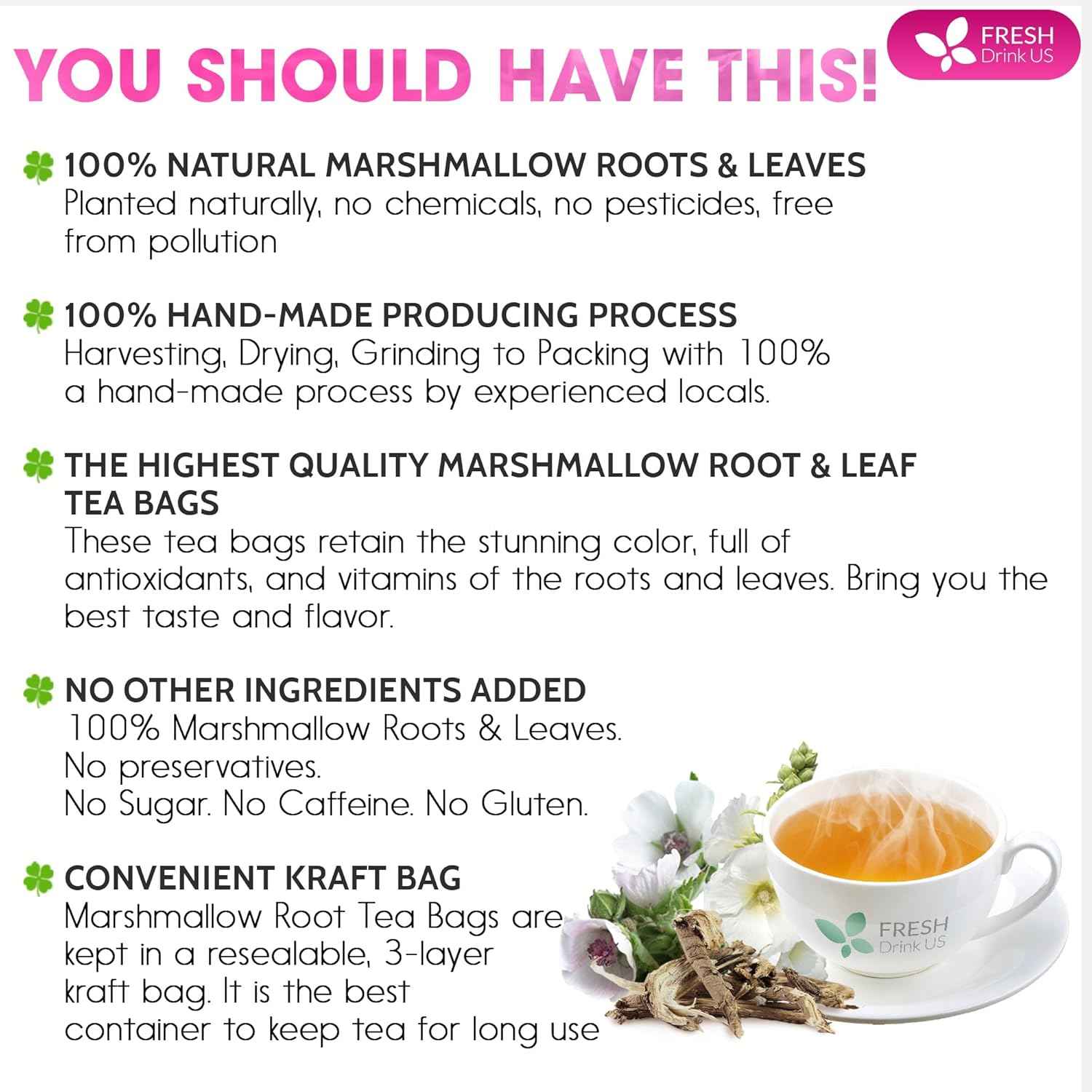 Premium Marshmallow Root and Leaf Tea Bags, 100% Natural &amp; Pure.