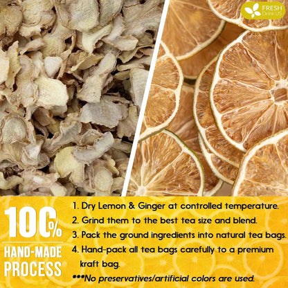 Premium Lemon Ginger Tea Bag, Eco-conscious Tea Bags. Lemon Ginger Herbal Tea. No Sugar, No Caffeine, No Gluten, Vegan.