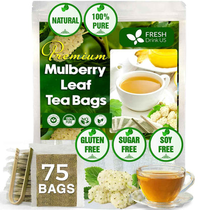 Premium Mulberry Leaf Tea Bags. No Sugar, No Caffeine, No Gluten, Vegan.