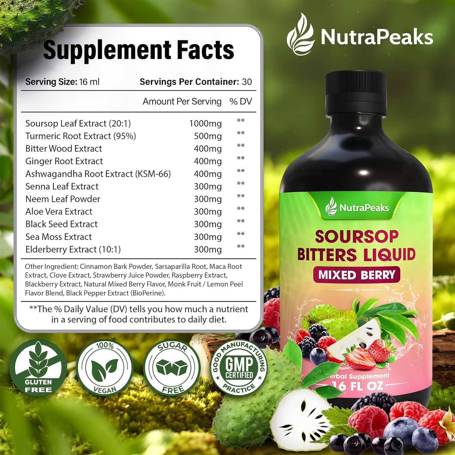 Soursop Bitters Liquid – Herbal Daily Wellness Formula with Soursop, Ginger, Turmeric &amp; Black Seed Mixed Berry Flavor by FreshDrinkUS - Natural and Premium Herbal Tea