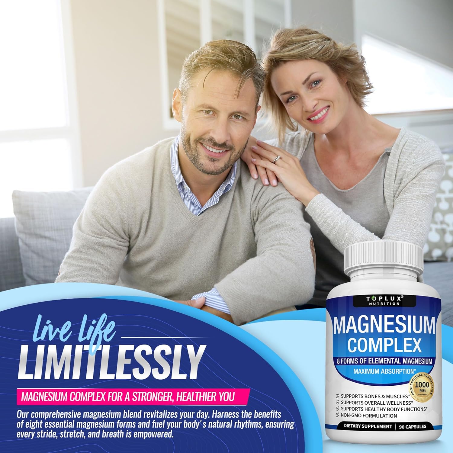 Magnesium Complex Supplement 8 Elemental 1000mg - Magnesium Glycinate, Citrate, Malate, Taurate, Chelated for Easy Absorption for Bones, Muscle, Recovery, Energy, Vegan Non-GMO 90 Capsules  DestGlow