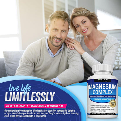 Magnesium Complex Supplement 8 Elemental 1000mg - Magnesium Glycinate, Citrate, Malate, Taurate, Chelated for Easy Absorption for Bones, Muscle, Recovery, Energy, Vegan Non-GMO 90 Capsules  DestGlow
