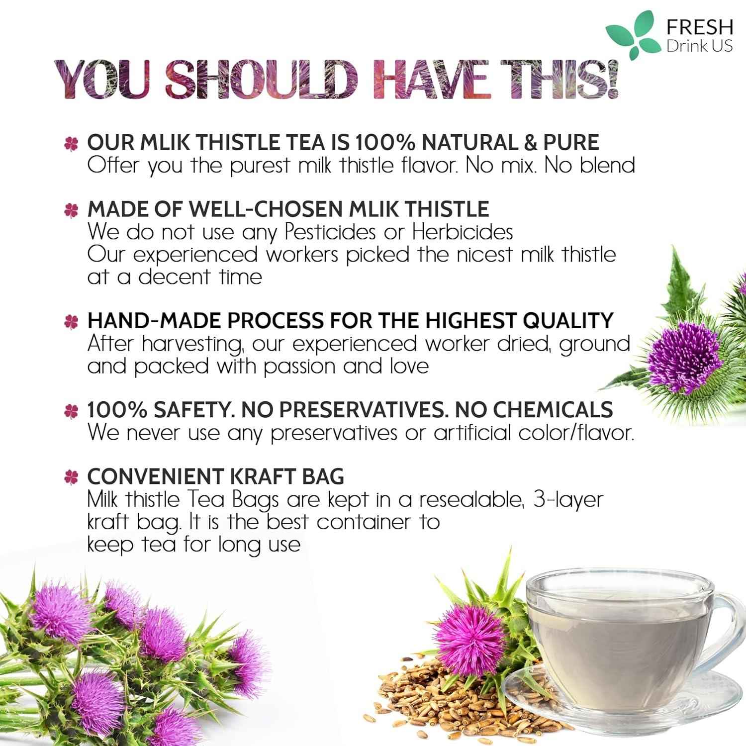 Premium Milk Thistle Tea Bags, 100% Natural &amp; Pure from Milk Thistle Seeds. Milk Thistle Seed Herbal Tea. Milk Thistle Seed Tea. Made with Natural Material Tea Bags. No Sugar, No Caffeine, No Gluten, Vegan.