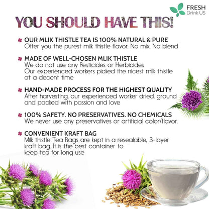 Premium Milk Thistle Tea Bags, 100% Natural &amp; Pure from Milk Thistle Seeds. Milk Thistle Seed Herbal Tea. Milk Thistle Seed Tea. Made with Natural Material Tea Bags. No Sugar, No Caffeine, No Gluten, Vegan.