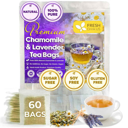 Premium Chamomile Lavender Tea Bags, Eco-conscious Tea Bags. No Sugar, No Caffeine, No Gluten, Vegan.