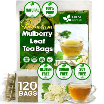 Premium Mulberry Leaf Tea Bags. No Sugar, No Caffeine, No Gluten, Vegan.