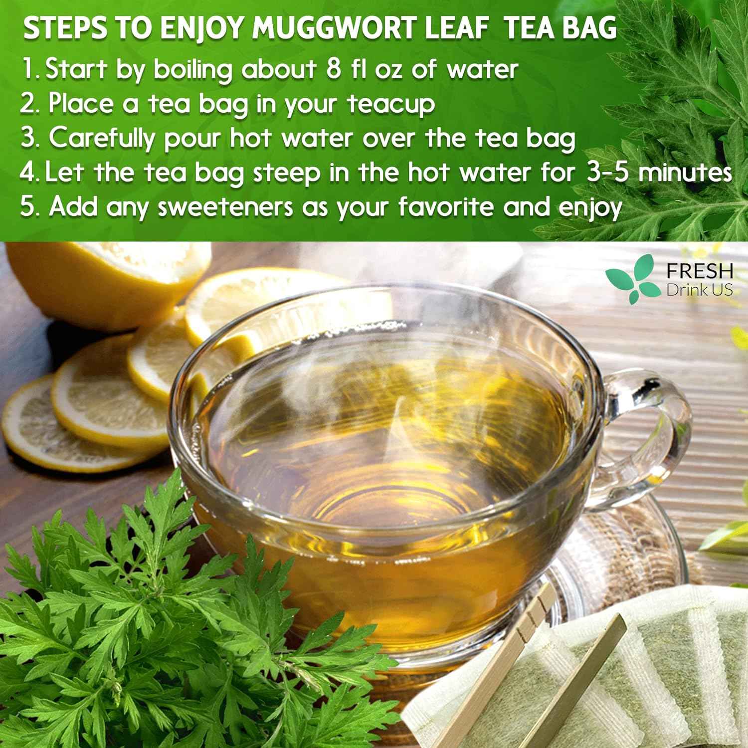 Mugwort Leaf Tea Bags, 100% Natural and Pure Mugwort Leaves, Loose Leaf Mugwort Herbal Tea, Mugwort Leaf Tea, No Sugar, No Caffeine, No Gluten, Vegan.
