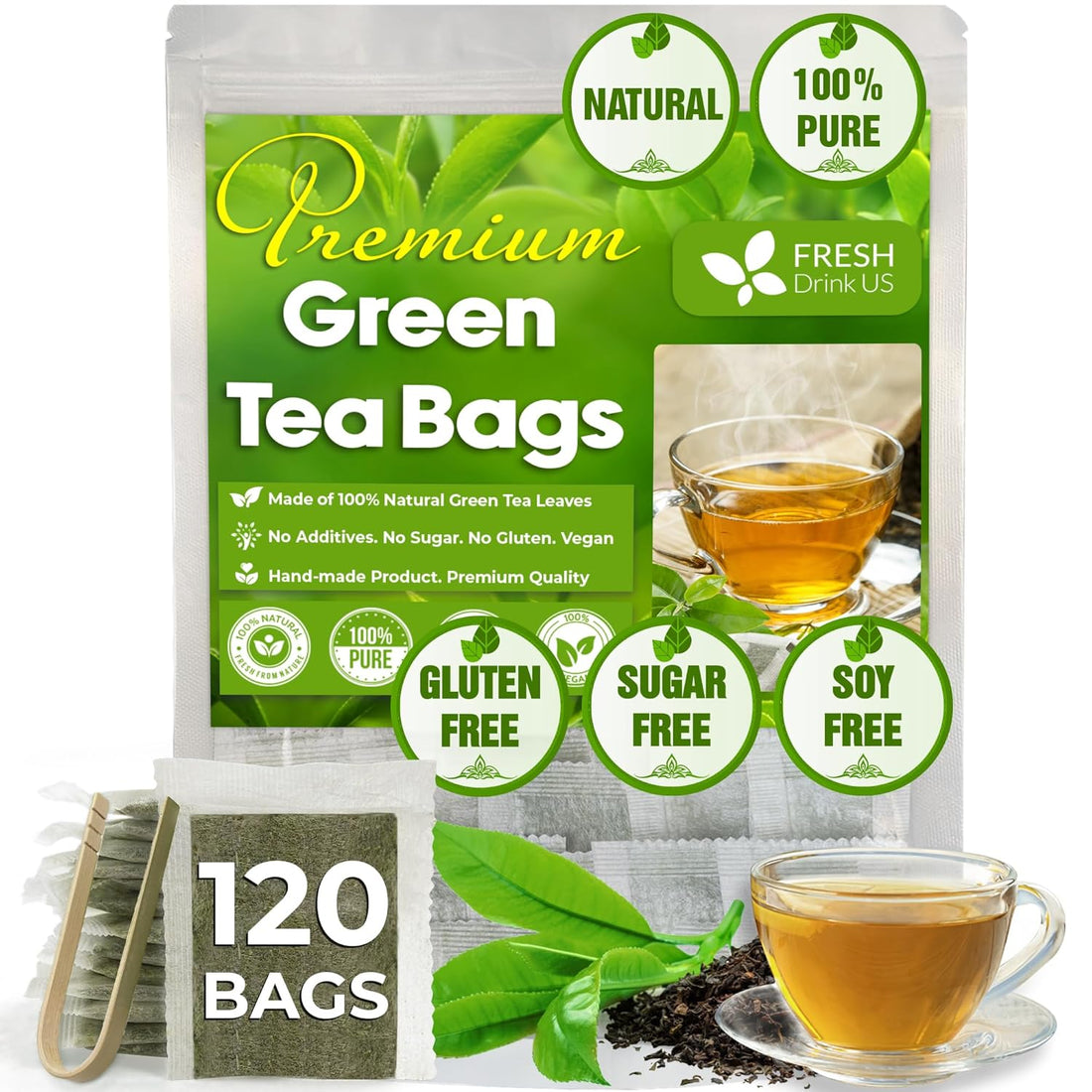 Premium Green Tea Bags, 100% Natural &amp; Pure from Green Tea. Green Herbal Tea. No Sugar, No Gluten, Vegan by FreshDrinkUS - Natural and Premium Herbal Tea