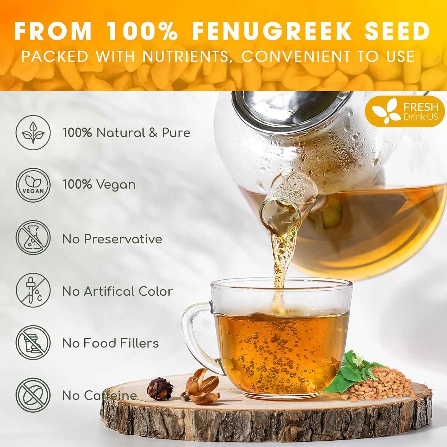 Premium Fenugreek Tea Bags. No Sugar, No Caffeine, No Gluten, Vegan. (30 Tea Bags)