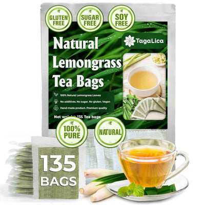 Lemongrass Tea Bags, 100% Natural & Pure Lemongrass leaves, Eco-Conscious Tea Bags, Lemongrass Herbal Tea. Lemongrass Leaf Tea. No Sugar, No Caffeine, No Gluten, Vegan.