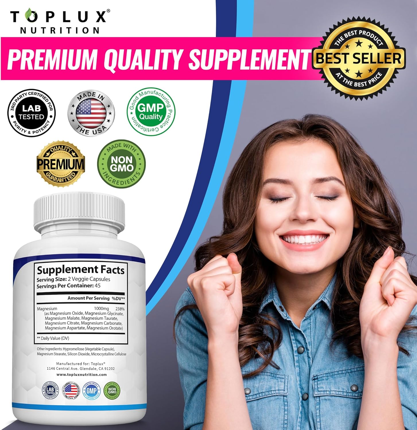 Magnesium Complex Supplement 8 Elemental 1000mg - Magnesium Glycinate, Citrate, Malate, Taurate, Chelated for Easy Absorption for Bones, Muscle, Recovery, Energy, Vegan Non-GMO 90 Capsules  DestGlow