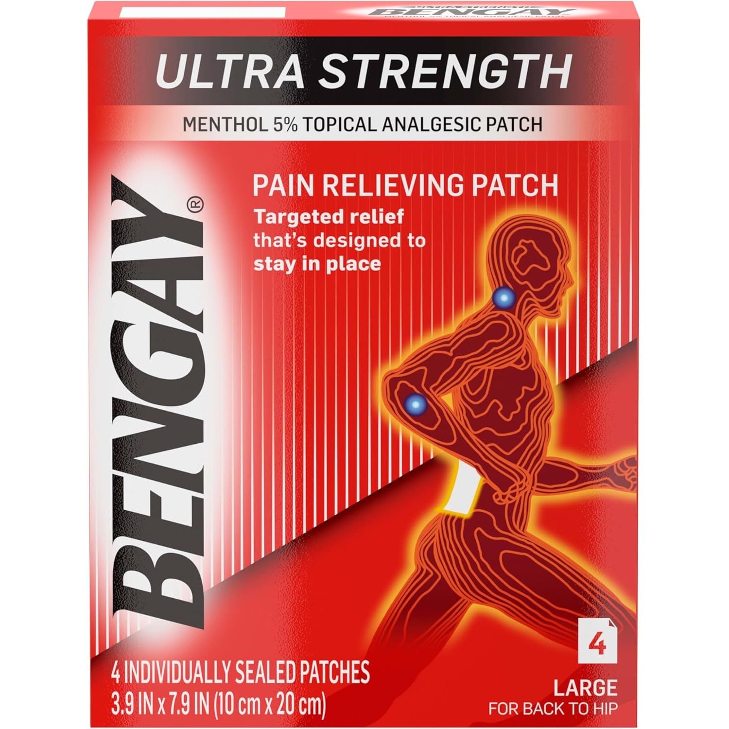 Bengay Ultra Strength Pain Relieving Patch for Back to Hip, Large 3.9 X 7.9 Inches - 4 Ct by Pasteur Pharmacy