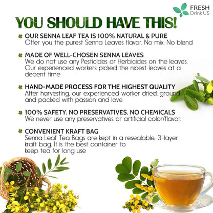 Premium Senna Leaf Tea Bags, 100% Natural &amp; Pure from Senna Leaves. Loose Leaf Senna Herbal Tea, Made with Natural Material Tea Bags, Senna Leaf Tea. No Sugar, No Caffeine, No Gluten, Vegan.
