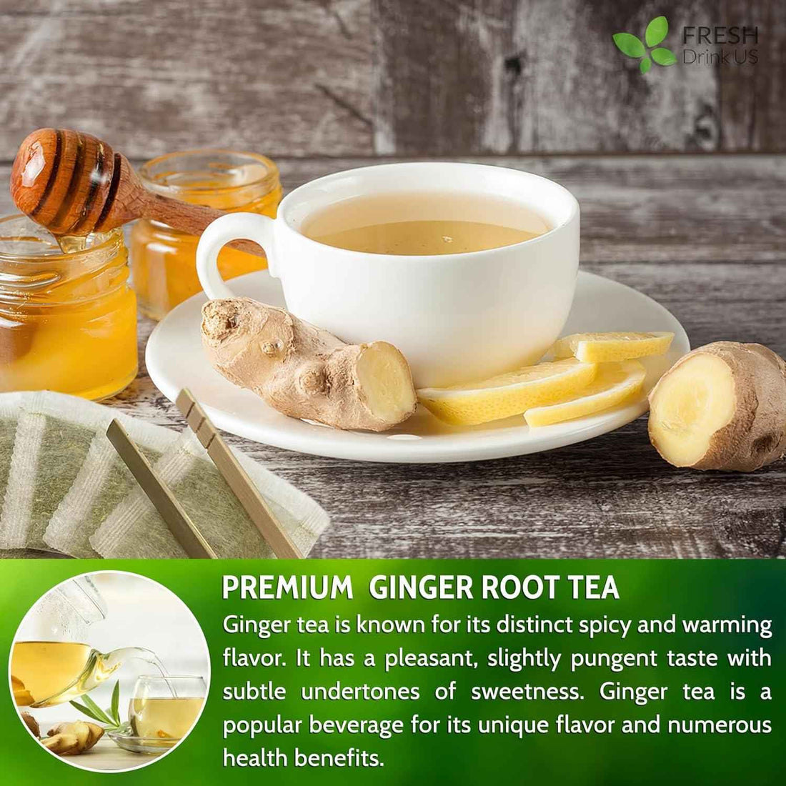 Premium Ginger Tea Bags, 100% Natural &amp; Pure from Ginger Roots, Ginger Tea, Ginger Herbal Tea. Ginger Tea. No Sugar, No Caffeine, No Gluten, Vegan.