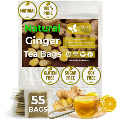 Premium Ginger Tea Bags, 100% Natural &amp; Pure from Ginger Roots, Ginger Tea, Ginger Herbal Tea. Ginger Tea. No Sugar, No Caffeine, No Gluten, Vegan.