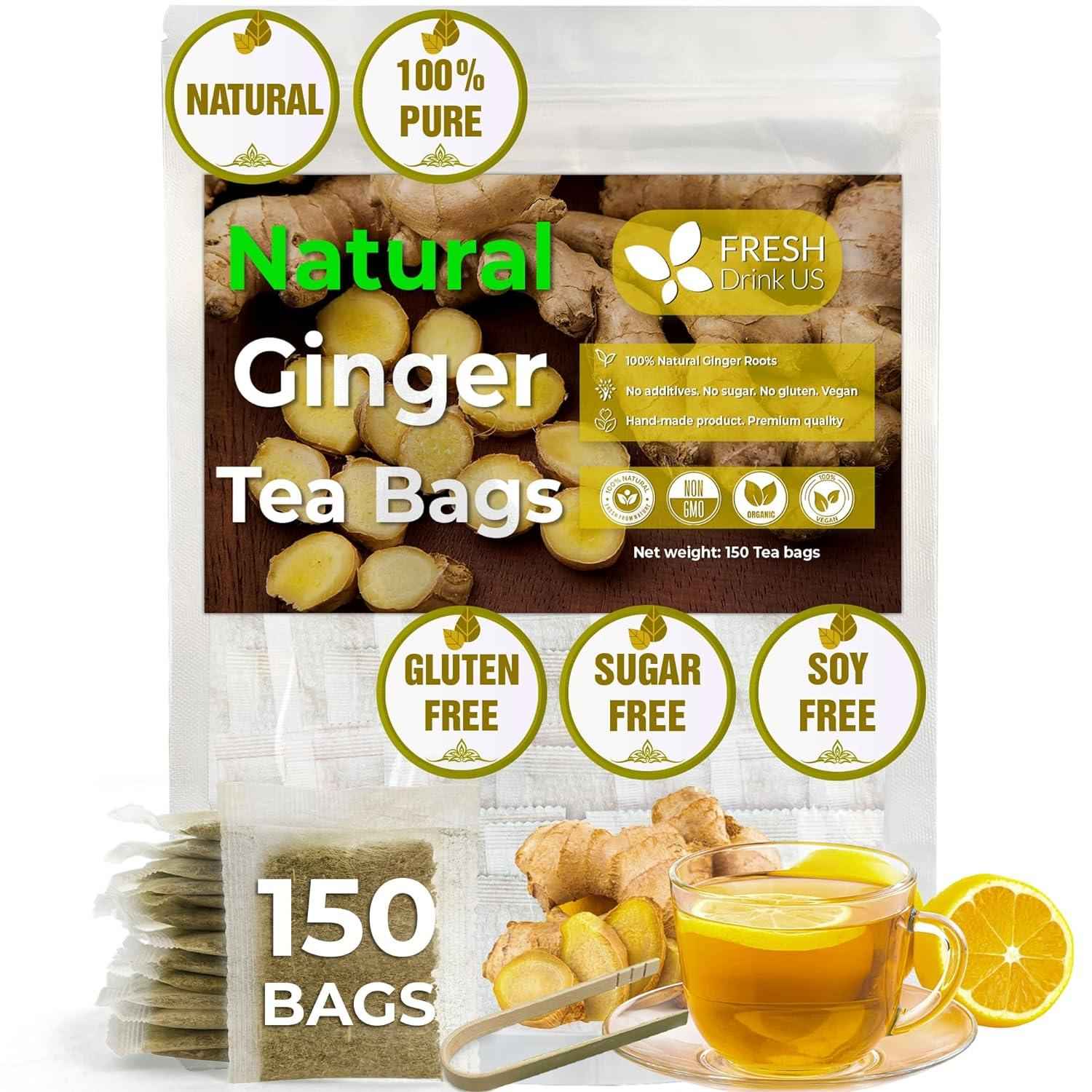 Premium Ginger Tea Bags, 100% Natural &amp; Pure from Ginger Roots, Ginger Tea, Ginger Herbal Tea. Ginger Tea. No Sugar, No Caffeine, No Gluten, Vegan.